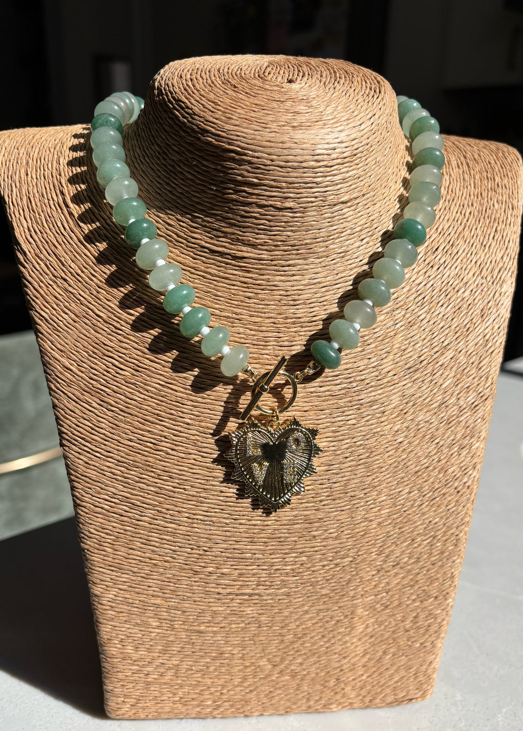 Aventurine Rondelle Necklace with Gold LOVE Pendant