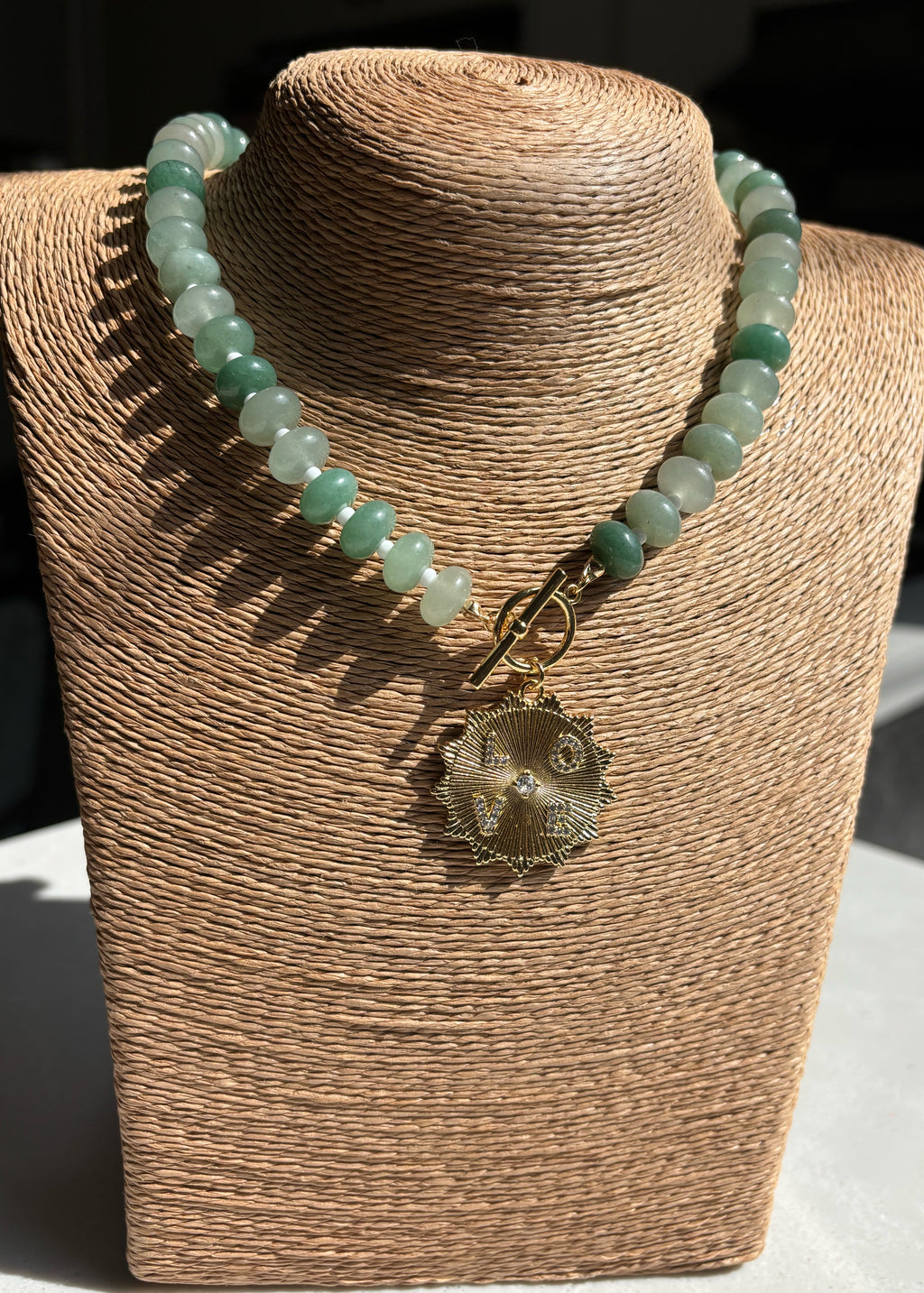 Chunky Aventurine Gemstone Necklace with LOVE Circle Pendant