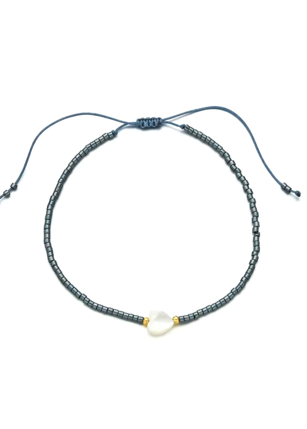 Iridescent Gray-Blue Beaded Heart Bracelet