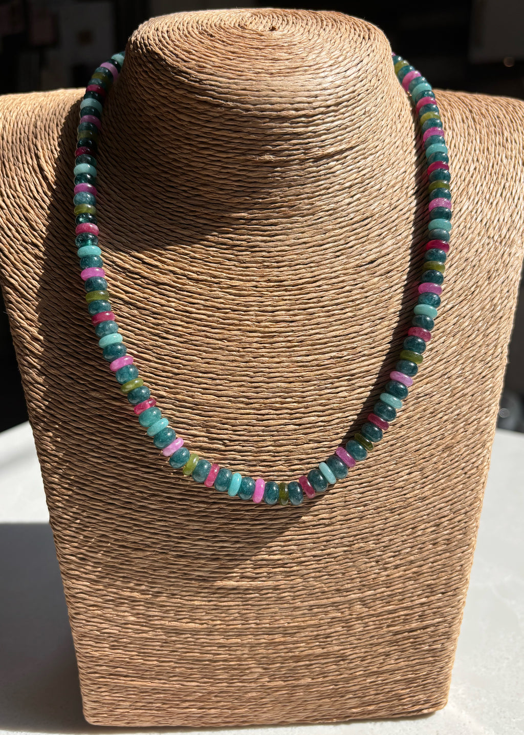 Blue Jade, Tourmaline, and Amazonite Rondelle Necklace