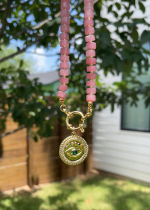 Strawberry Quartz Necklace with Evil Eye Pendant