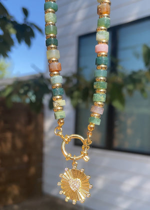 Jasper Necklace with Gold Circle Heart Pendant