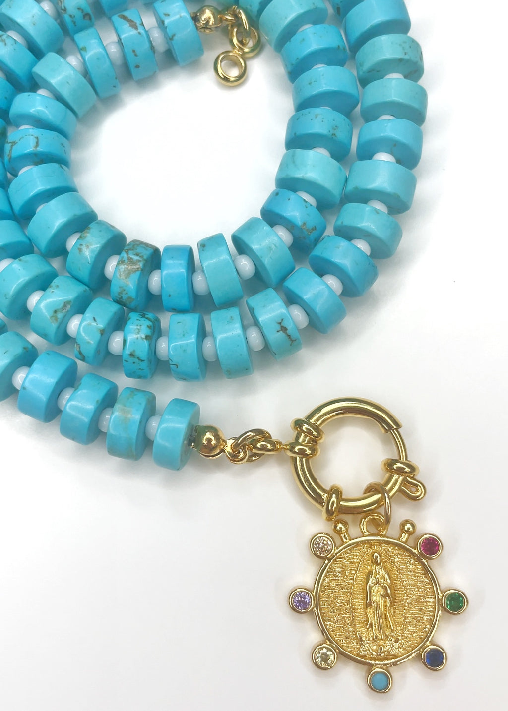 Turquoise Necklace with Virgin Mary Pendant
