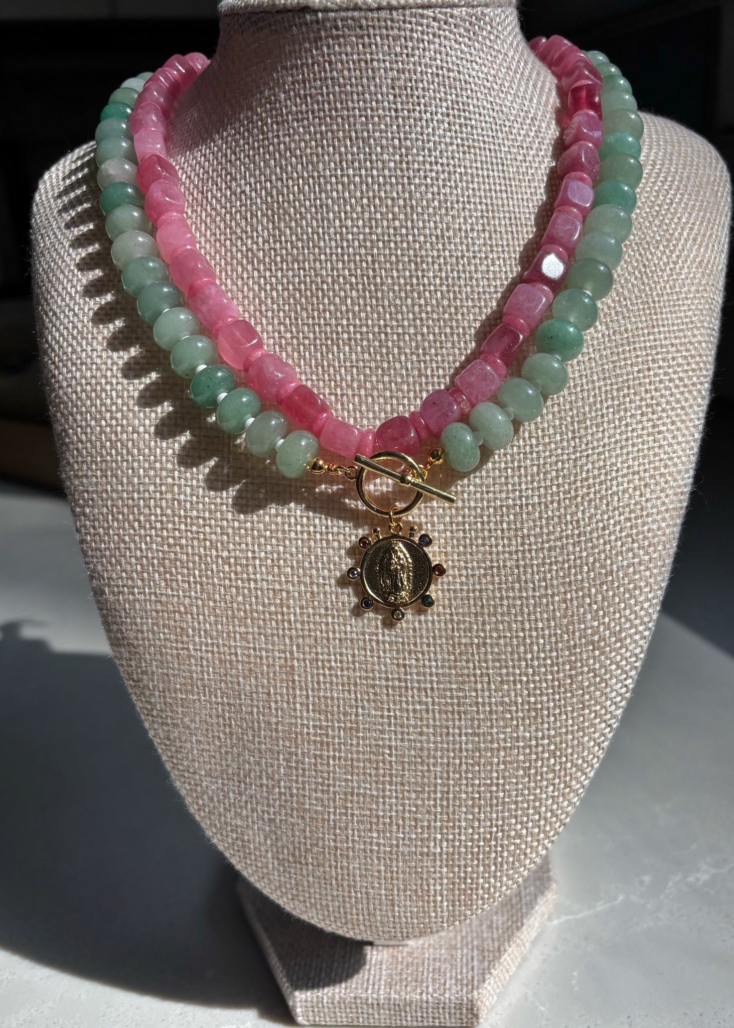 Aventurine Rondelle Necklace with Virgin Mary Pendant