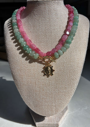 Aventurine Rondelle Necklace with Virgin Mary Pendant