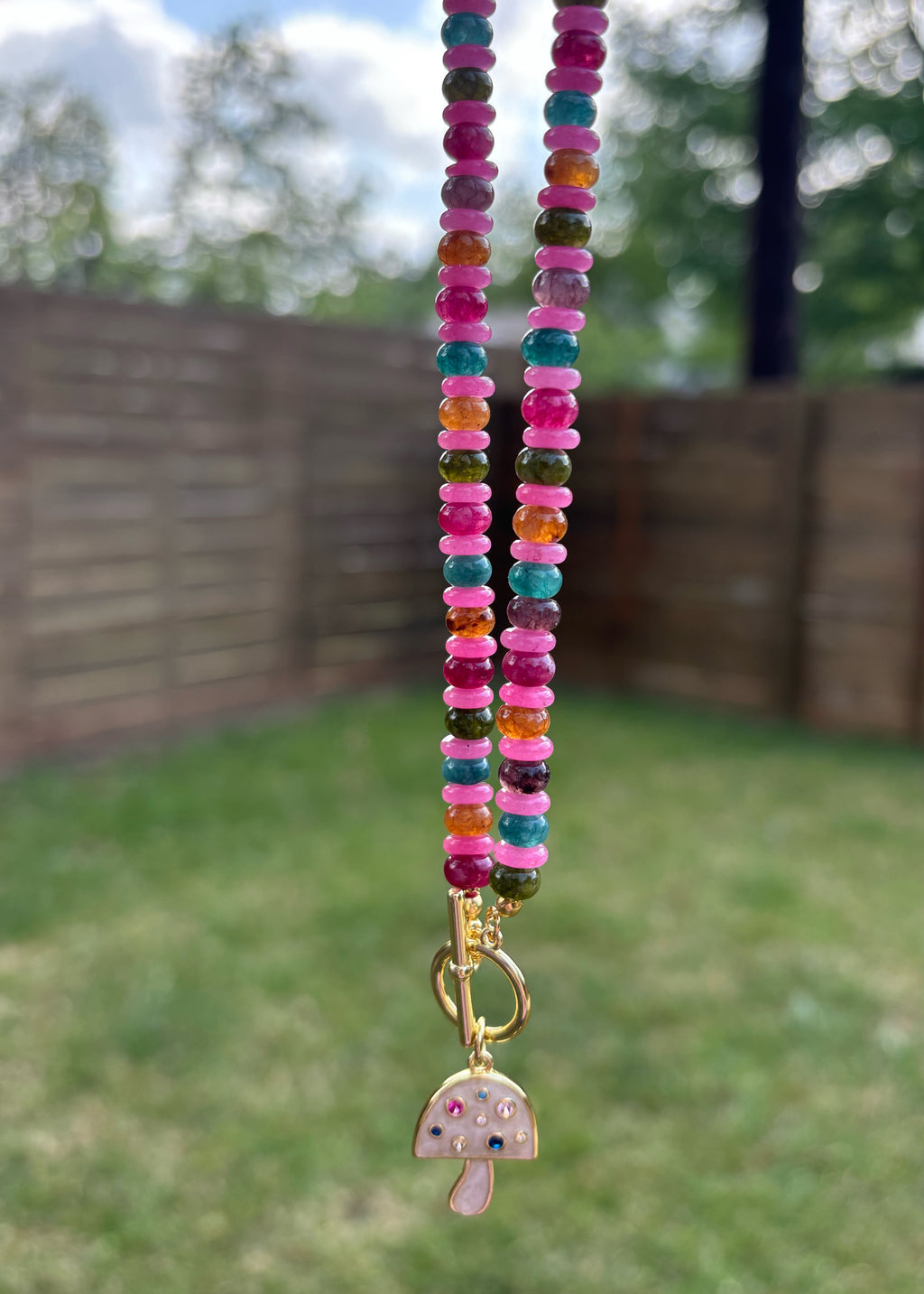 Tourmaline and Pink Quartz Rondelle Necklace with Mushroom Pendant