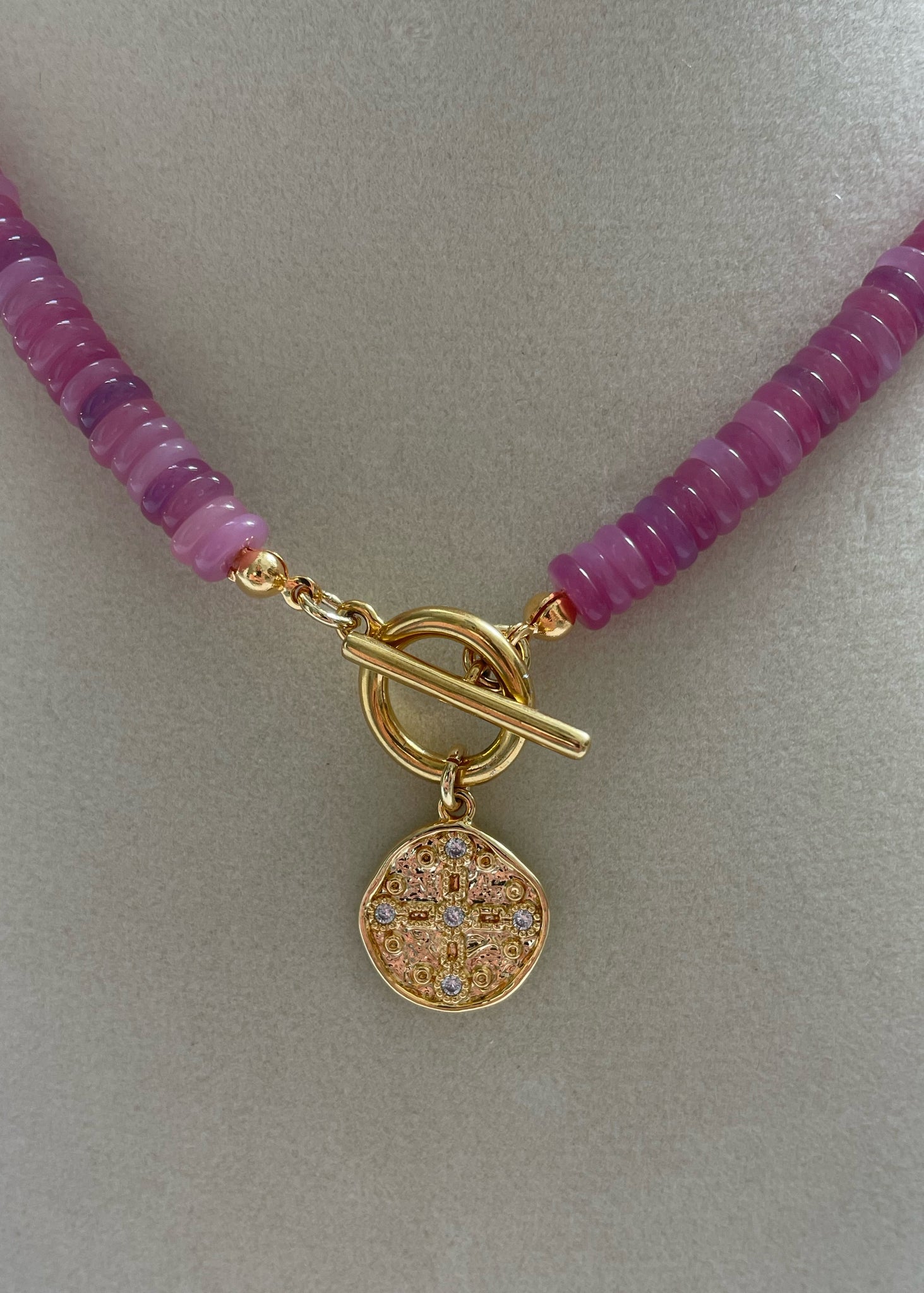 Rose Quartz Necklace with Gold Medallion