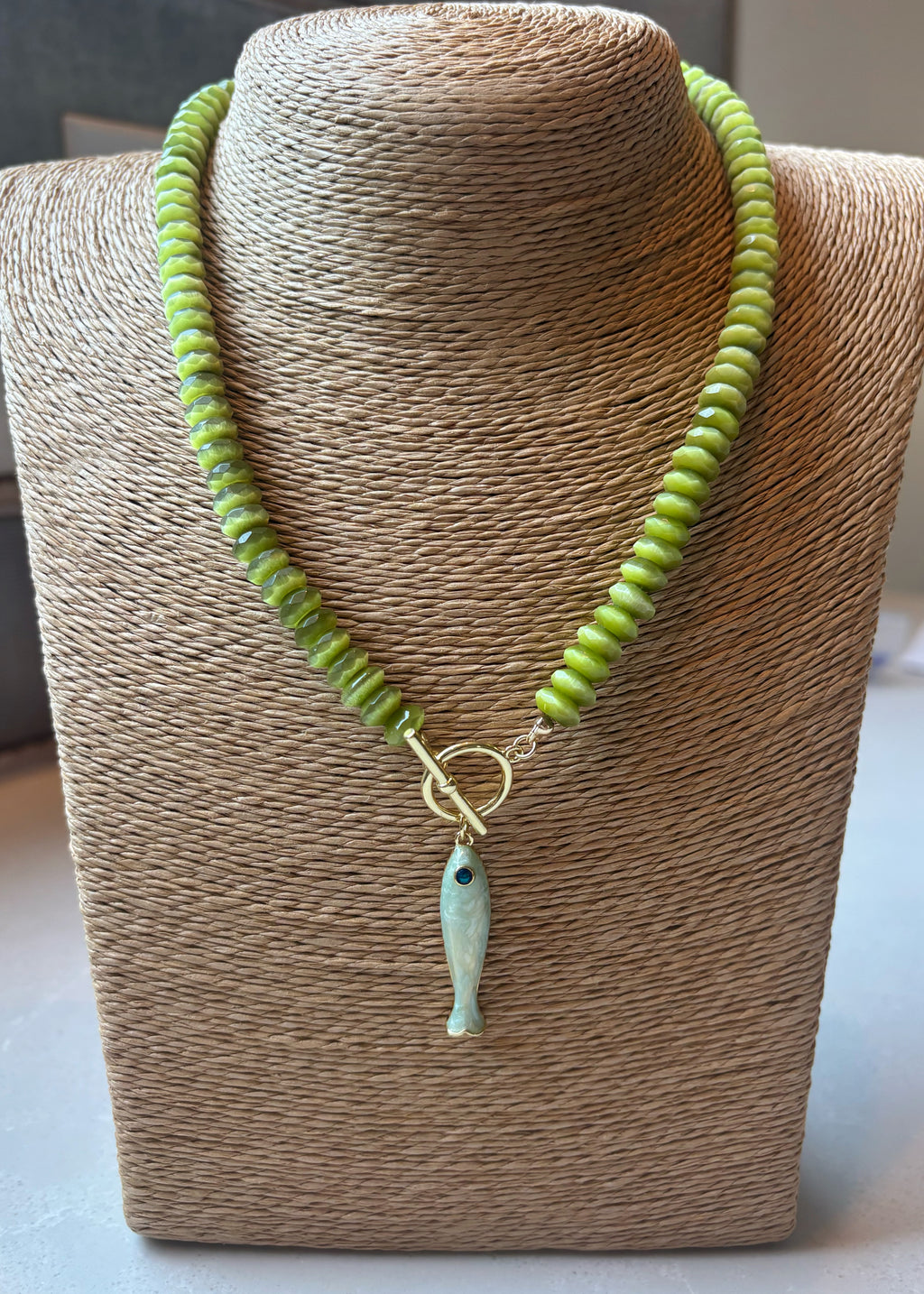 Green Optic Glass Rondelle Necklace with Fish Pendant