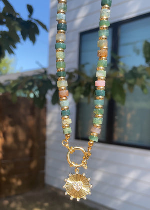 Jasper Necklace with Gold Circle Heart Pendant