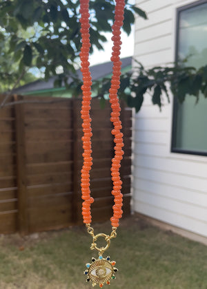 Burnt Orange Rondelle Necklace with Oversized Evil Eye Pendant