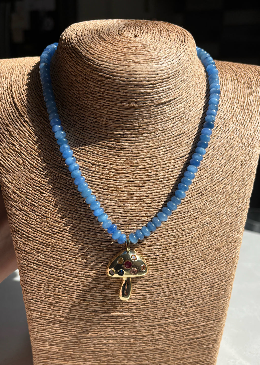 Blue Jade Rondelle Necklace with Mushroom Pendant