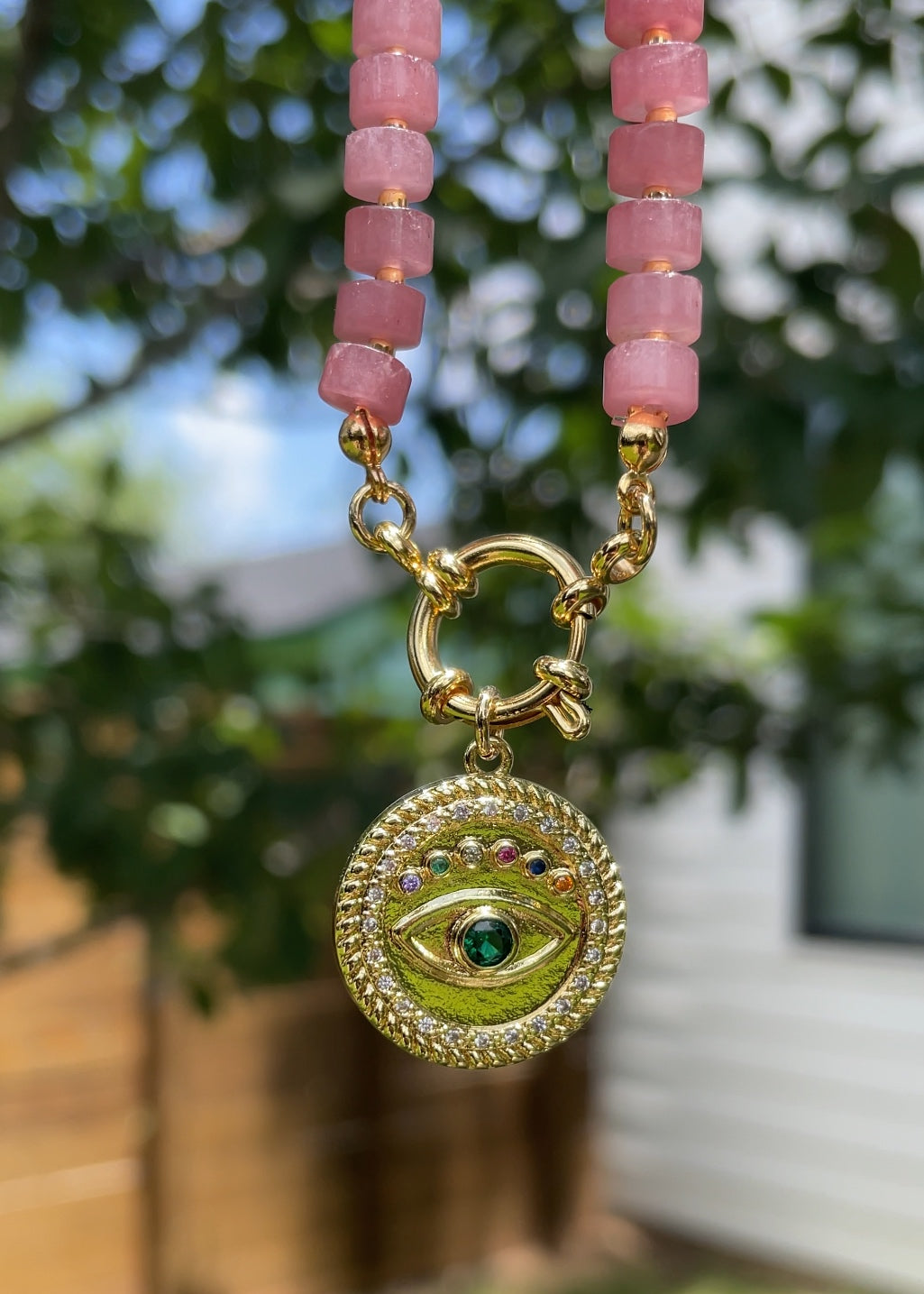 Strawberry Quartz Necklace with Evil Eye Pendant