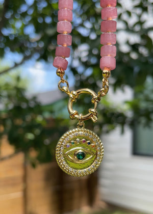 Strawberry Quartz Necklace with Evil Eye Pendant