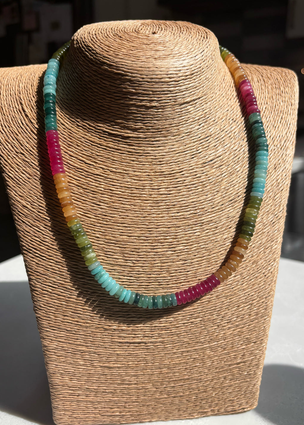 Jade / Tourmaline and Amazonite Rainbow Rondelle Necklace