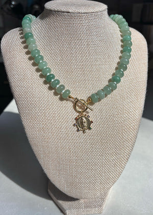 Aventurine Rondelle Necklace with Virgin Mary Pendant