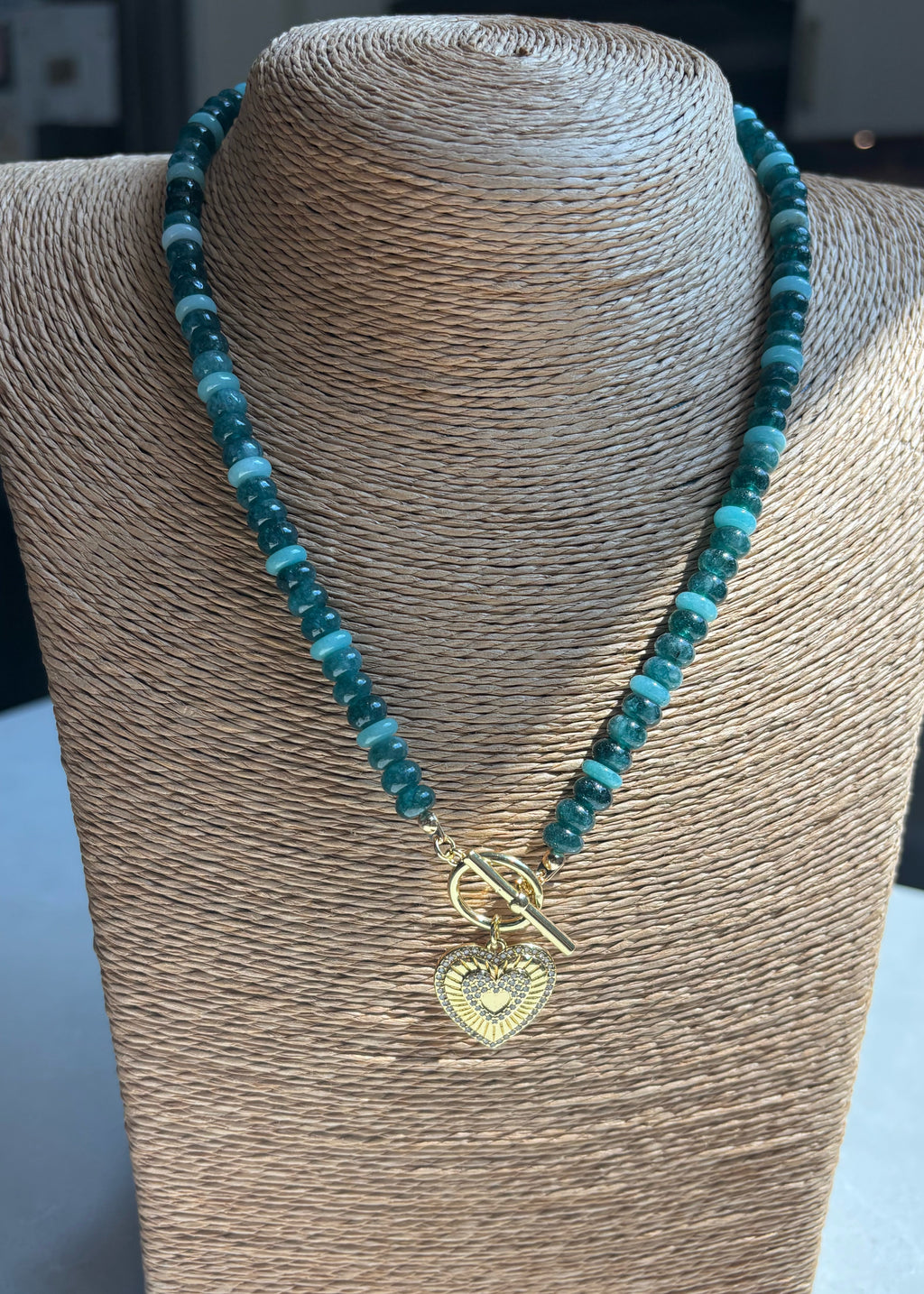Jade and Amazonite Rondelle Necklace with Heart Pendant