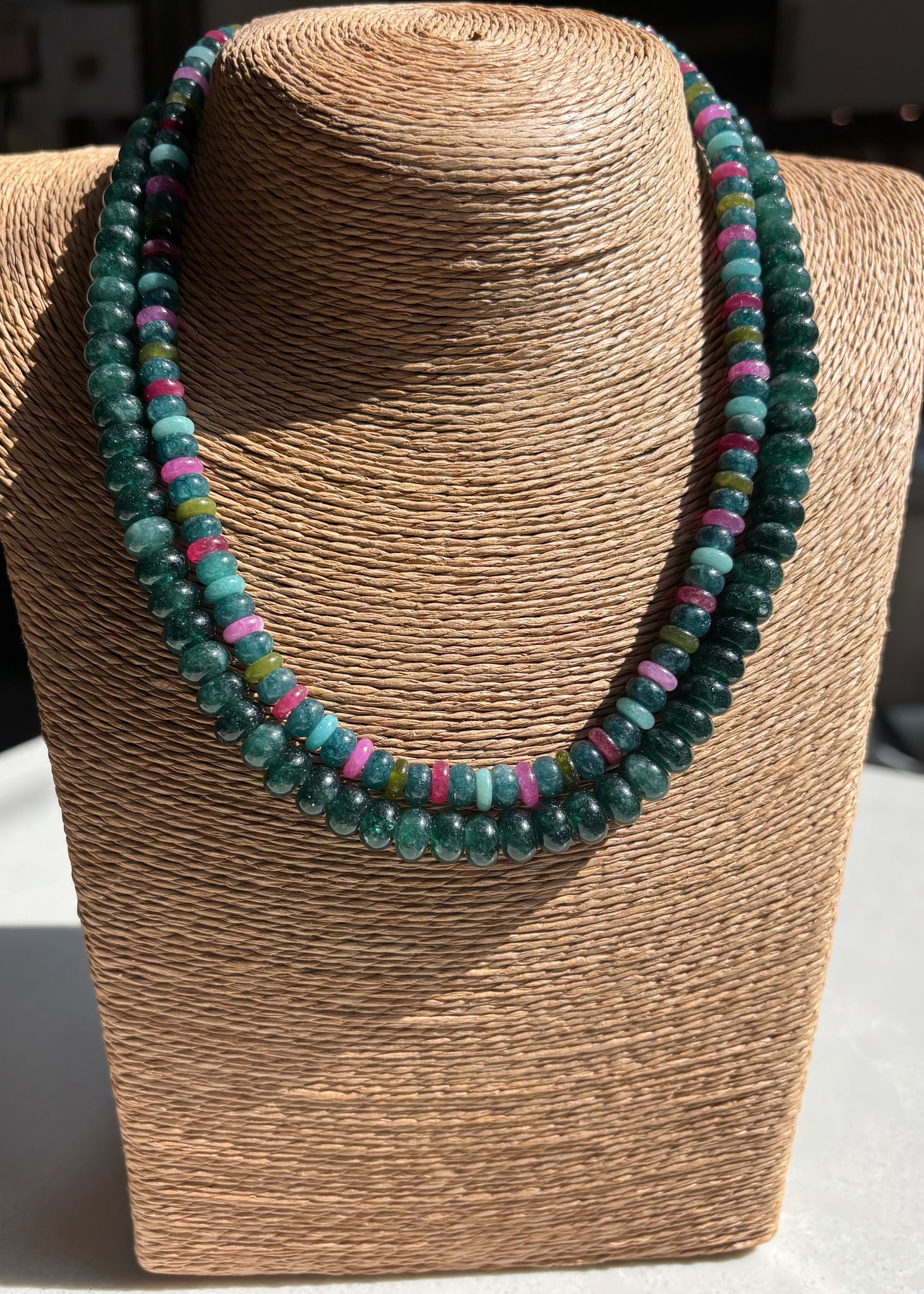Blue Jade, Tourmaline, and Amazonite Rondelle Necklace