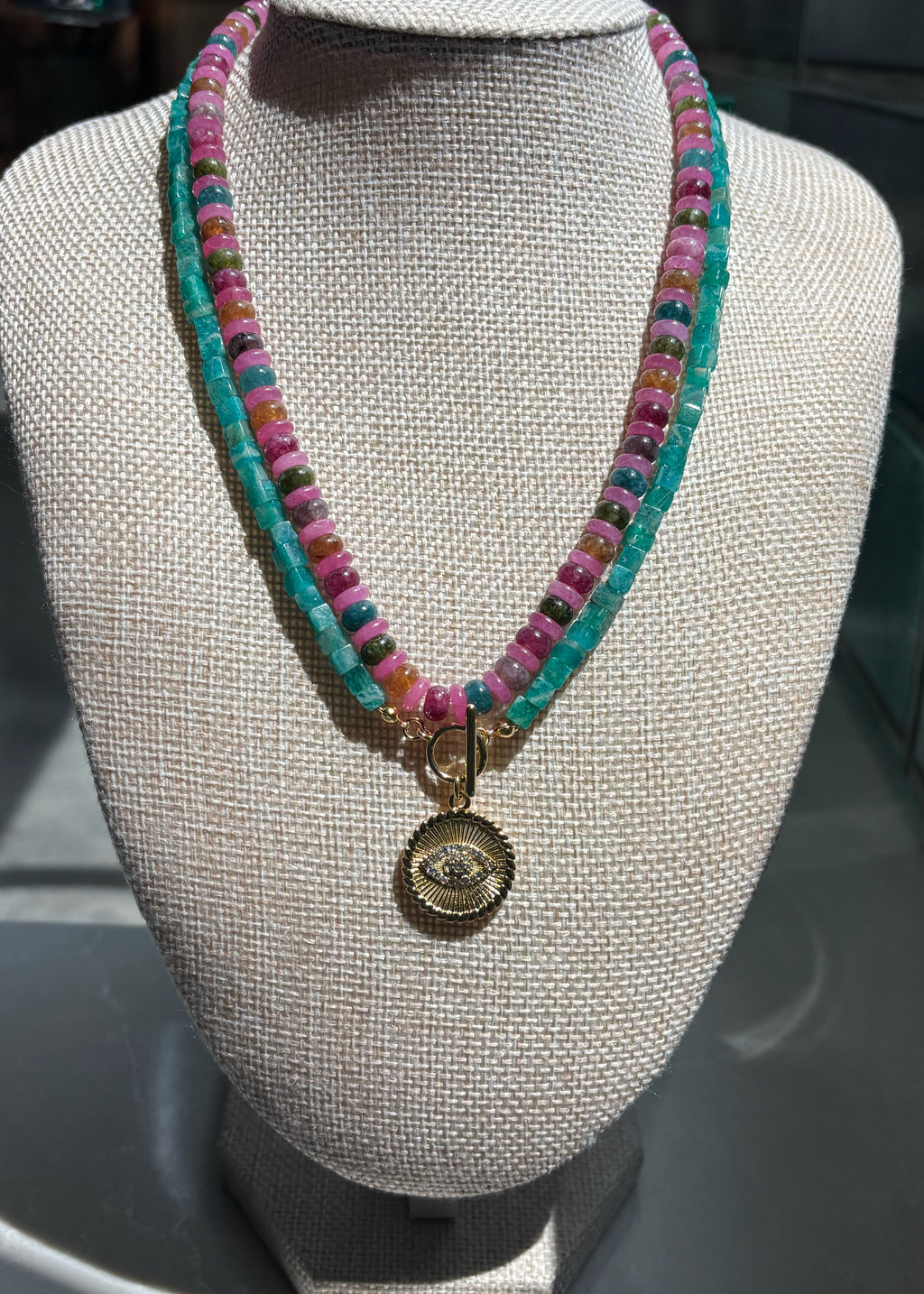 Tourmaline and Pink Quartz Rondelle Necklace