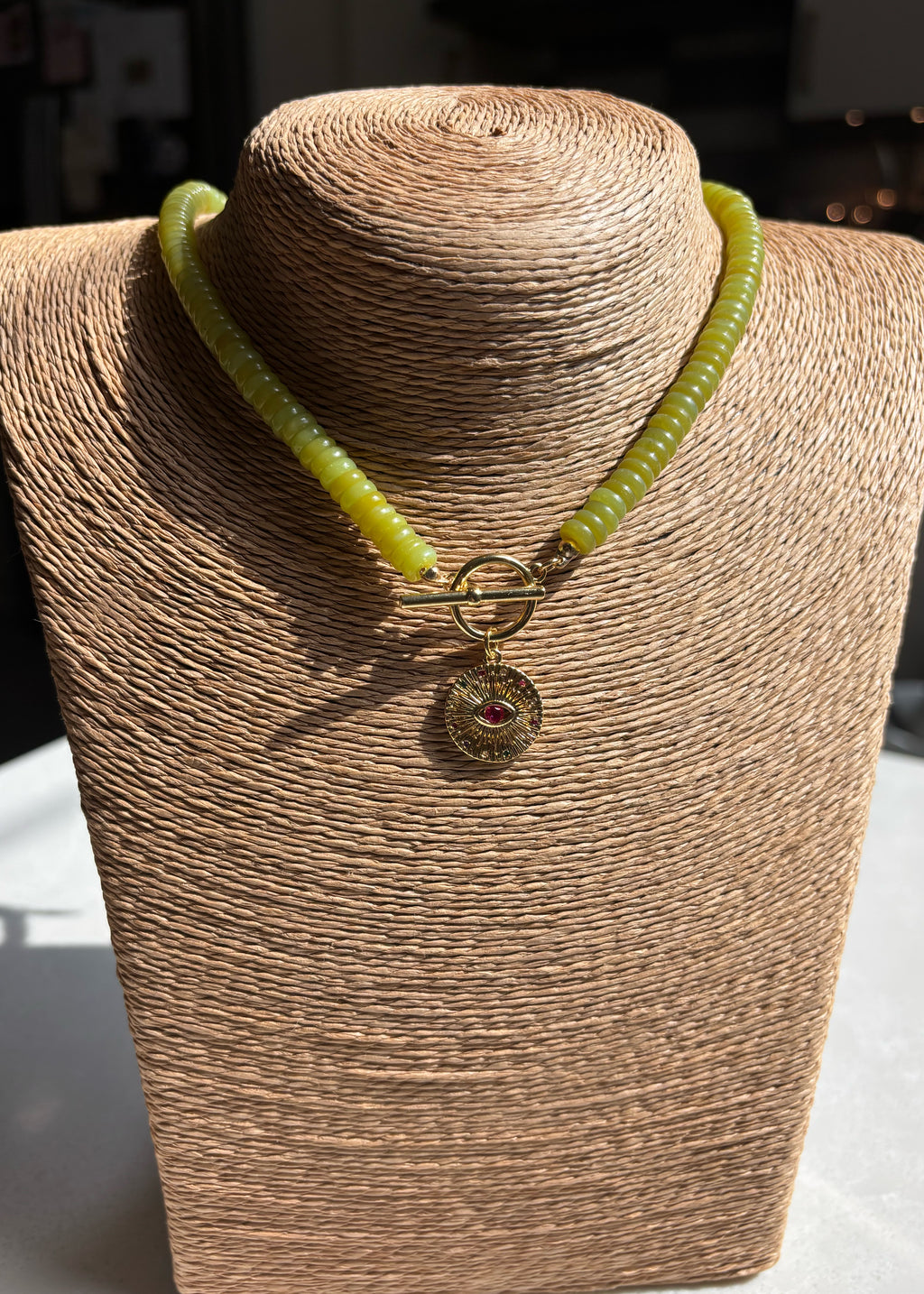 Citrus Colored Rondelle Necklace with Evil Eye Pendant