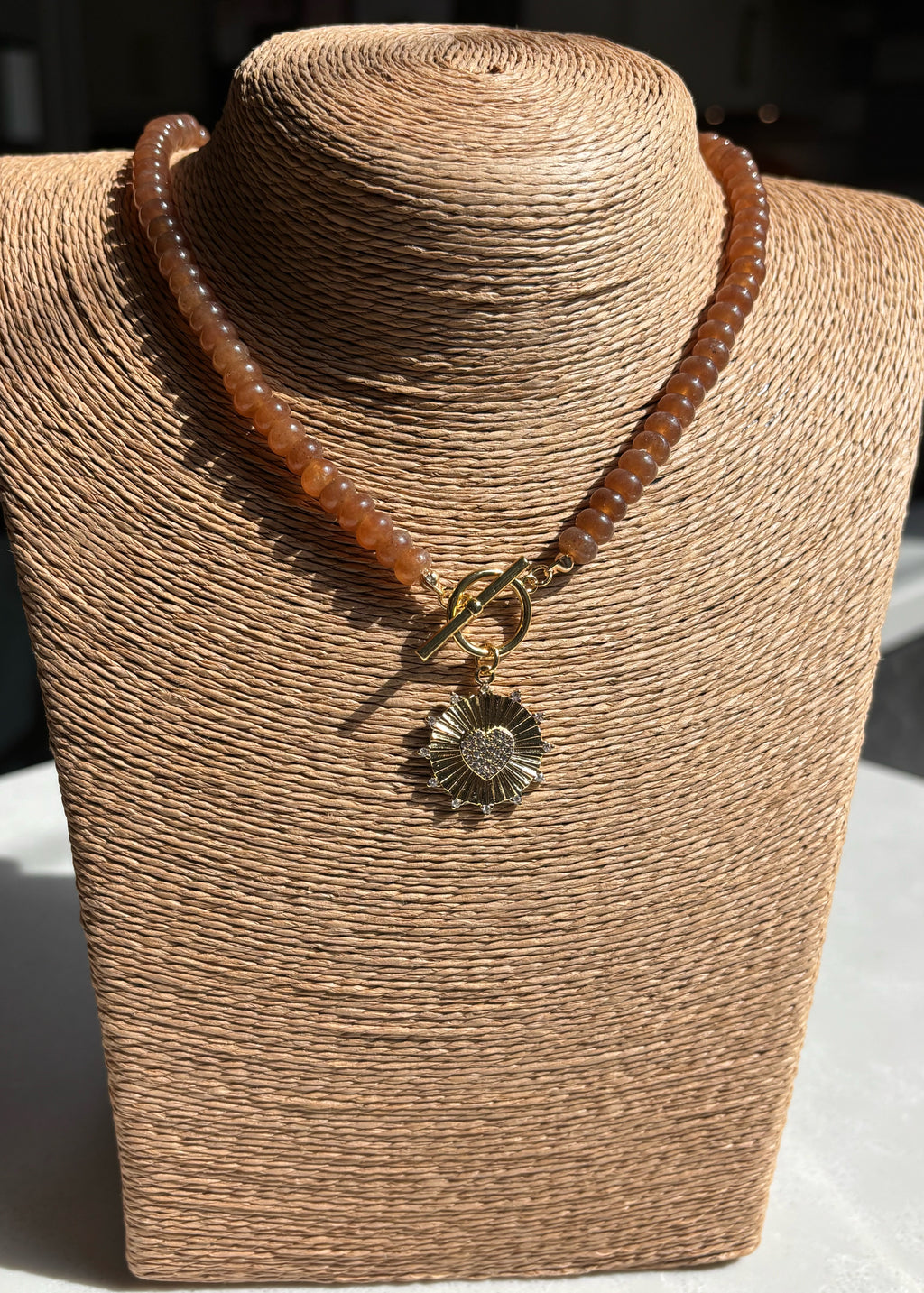 Amber Rondelle Gemstone Necklace with Circle Heart Pendant