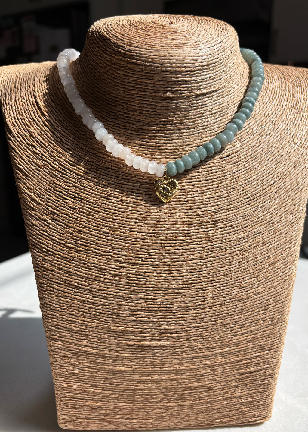 Light Pink Quartz and Blue-Gray Jade Gemstone Necklace with Mini Heart Pendant