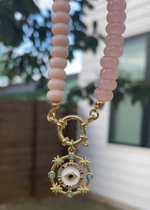 Pink Rondelle Beaded Necklace with Evil Eye Pendant