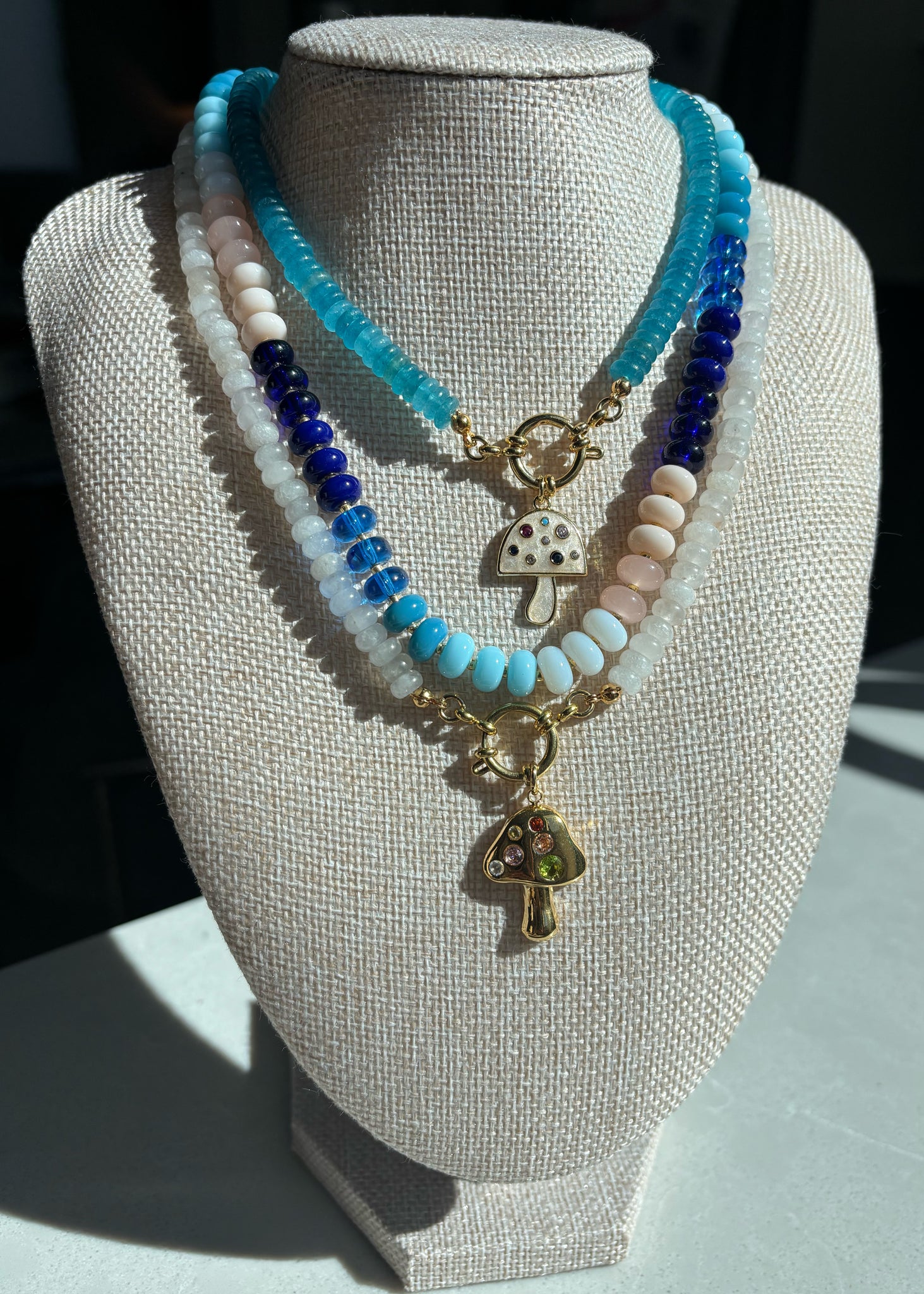 Blue Jade Abacus Rondelle Necklace with Mushroom Pendant