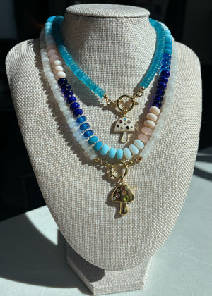 Blue Jade Abacus Rondelle Necklace with Mushroom Pendant