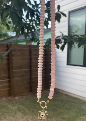 Pink Rondelle Beaded Necklace with Evil Eye Pendant