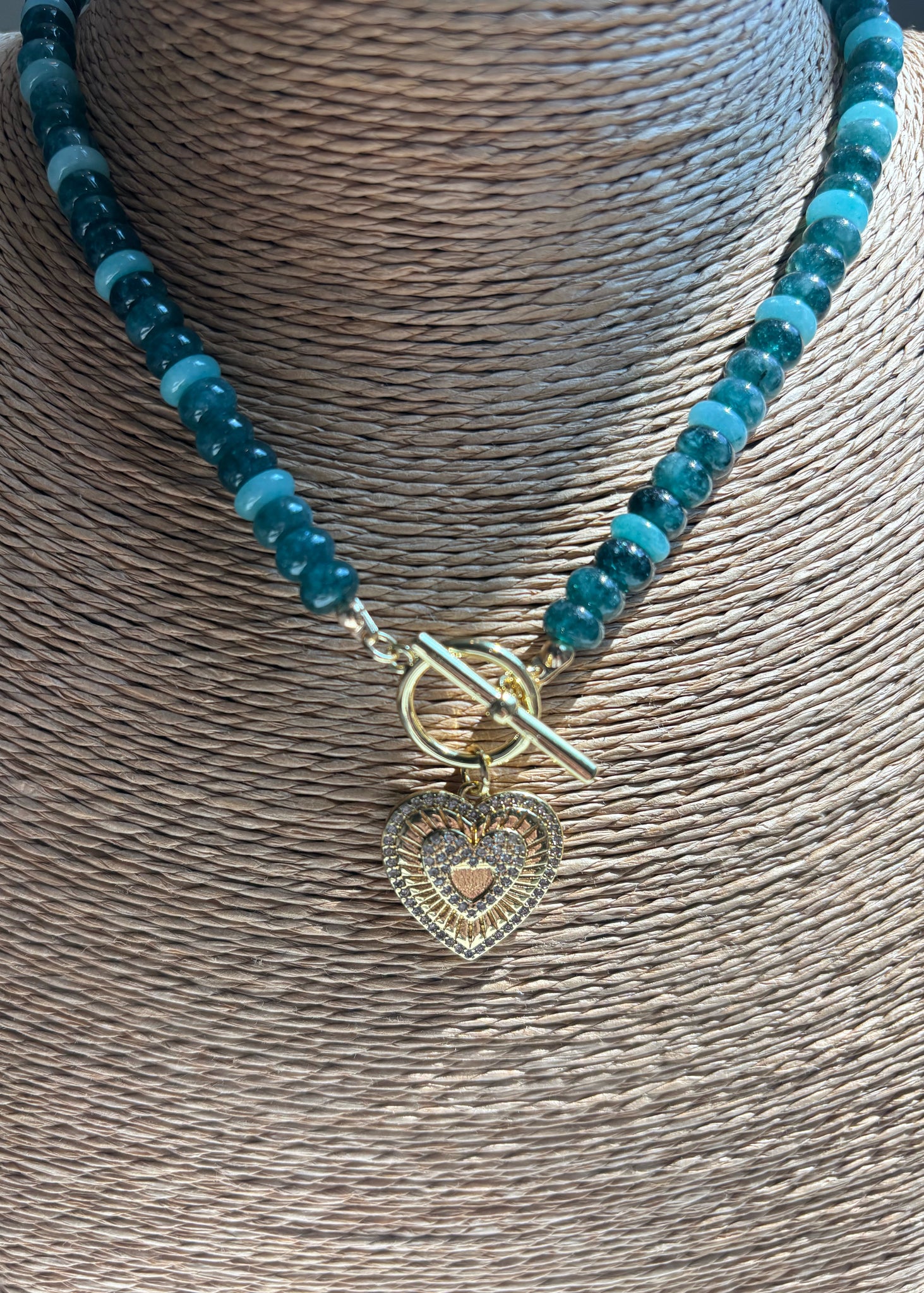 Jade and Amazonite Rondelle Necklace with Heart Pendant