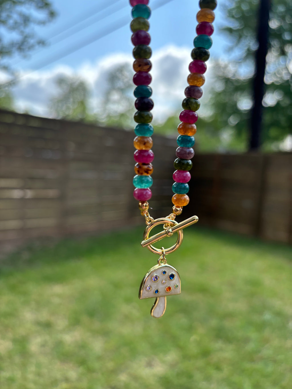 Tourmaline Gemstone Rondelle Necklace with Mushroom Pendant