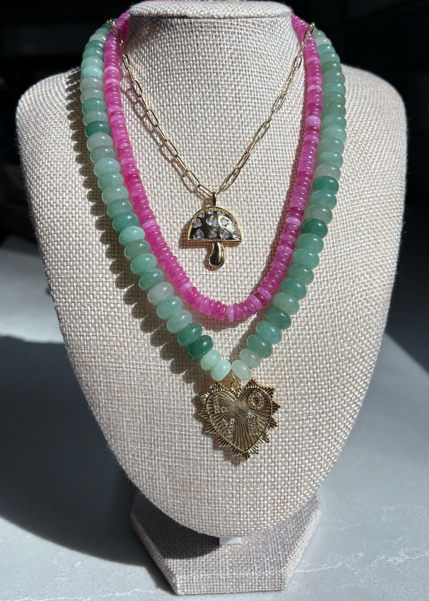Aventurine Rondelle Necklace with Oversized LOVE Pendant