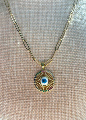 Oversized Evil Eye Pendant on Paperclip Chain