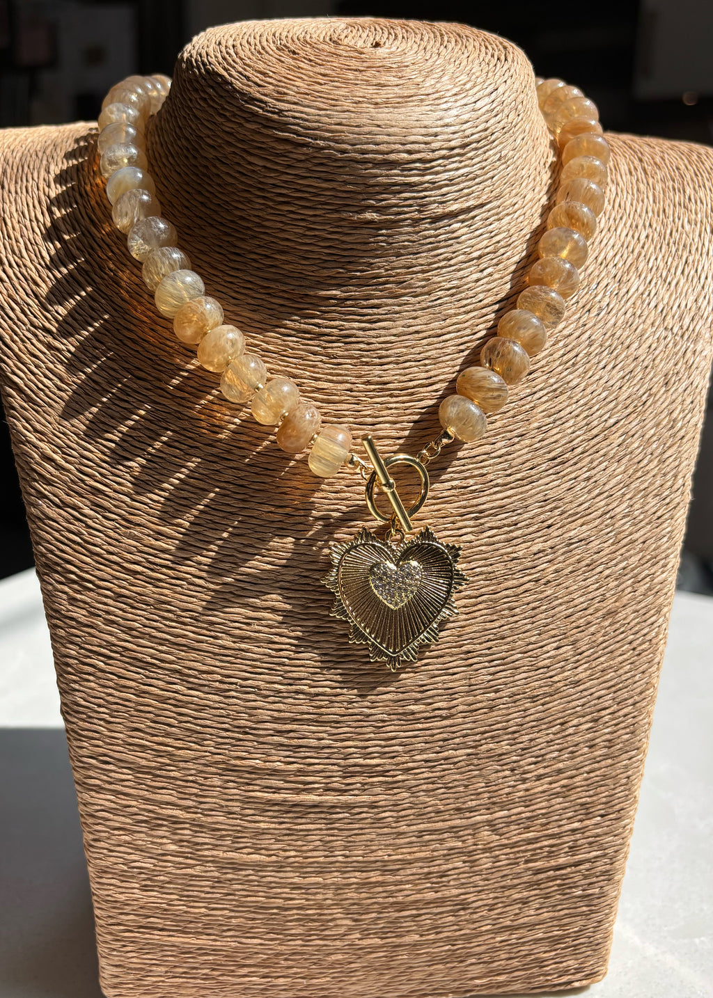 Chunky Citrine Gemstone Necklace with Heart Pendant