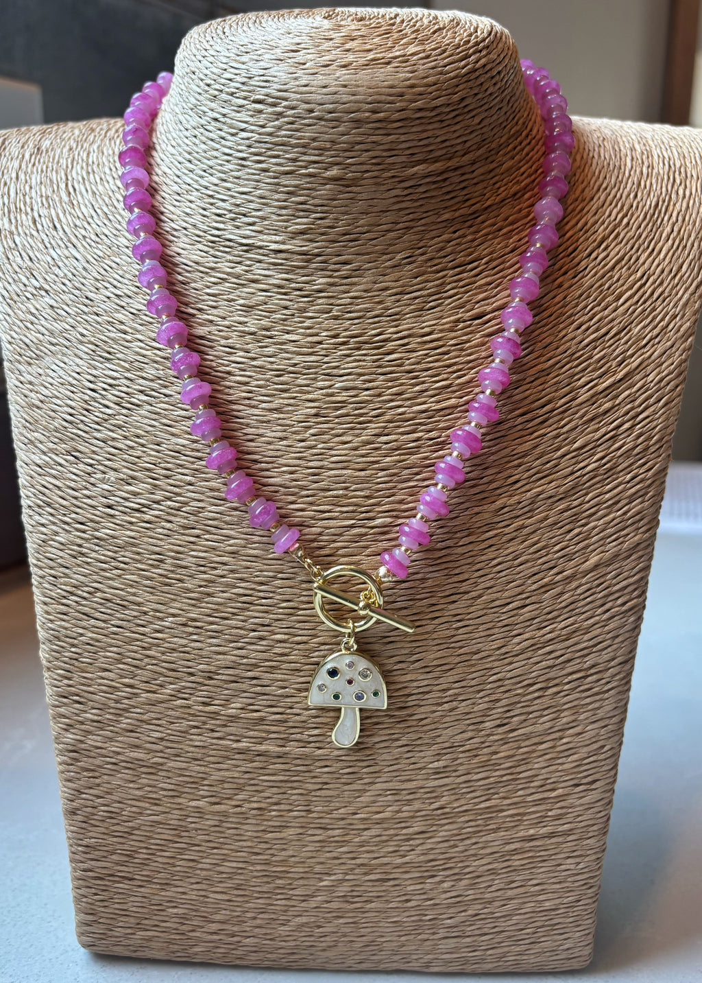 Pink Jade and Quartz Gemstone Necklace with Mushroom Pendant